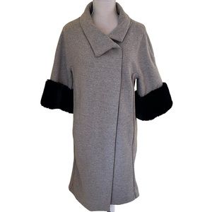 Lela Rose Pearl Grey Double Face Wool Coat with Black Fur Cuffs S